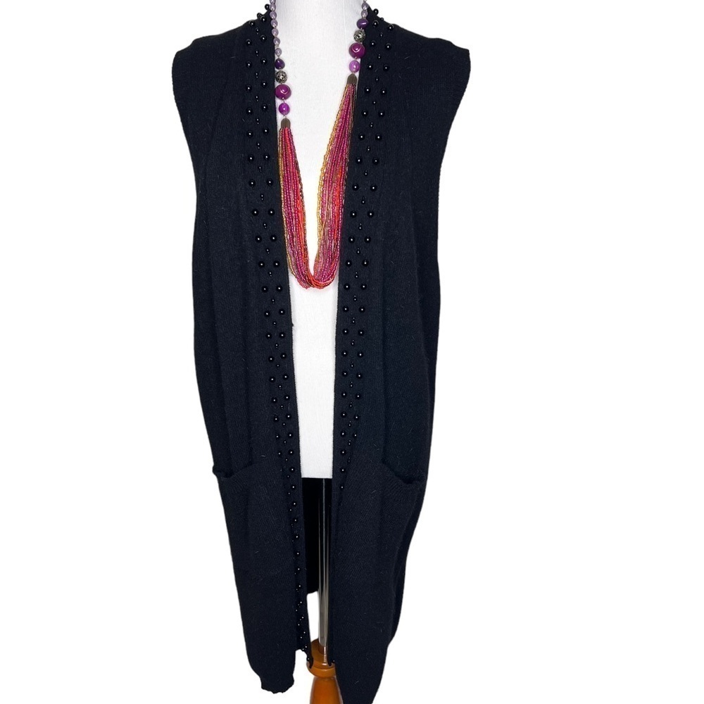 Christine Black Lambswool Beaded Open Front Long Sleeveless Cardigan Pockets L